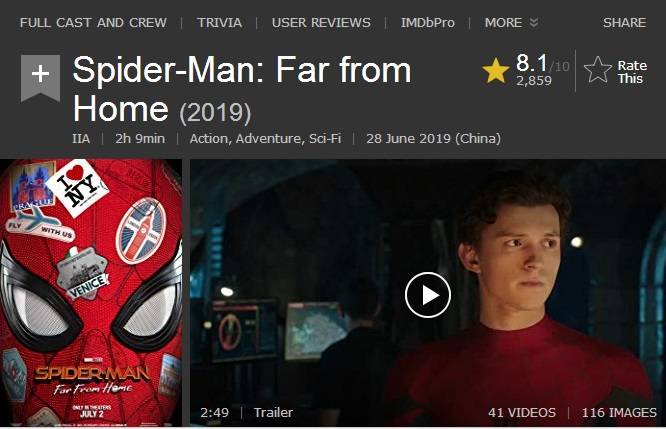 蜘蛛俠：決戰千里 imdb評《蜘蛛俠：決戰千里》獲得8.1高分