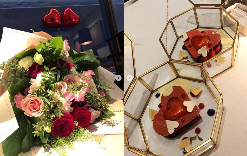岑杏賢喺情人節貼出一束玫瑰花同心型甜品的照片，Caption寫今年同「特別的人」慶祝首個情人節，勁sweet！