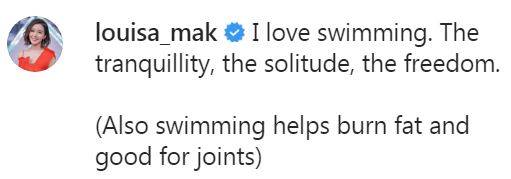 麥明詩 麥明詩留言表示喜歡游泳，寧靜、孤獨、自由，游泳也有助於燃燒脂肪和良好嘅關節。