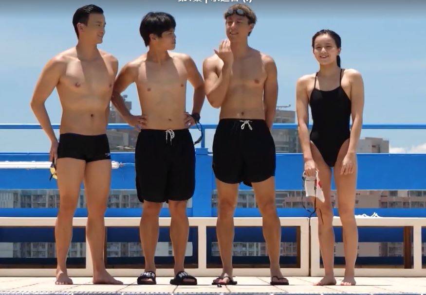 《海陸勁技場》安排一男一女香港游泳隊成員應援，與Dixon、Brian一同比賽。（圖片來源：ViuTV影片截圖）