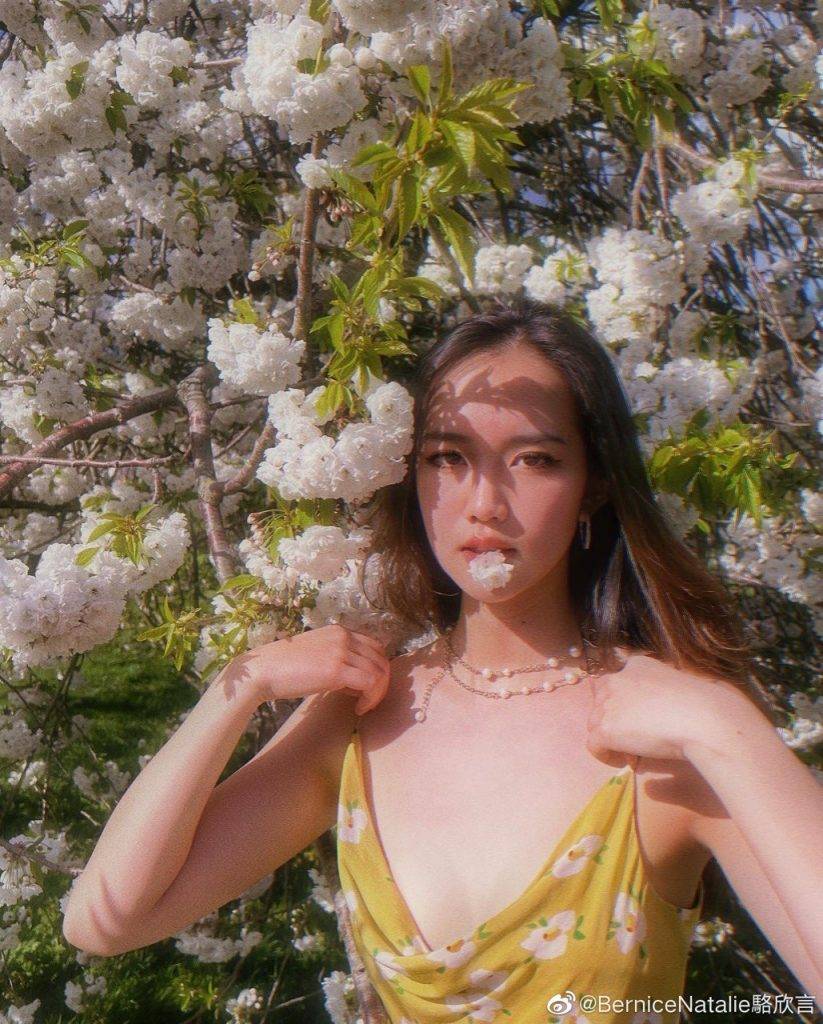 駱達華 駱達華女兒駱欣言身穿黃色低胸碎花裙賞櫻花，有網民以為她拍時裝雜誌封面。