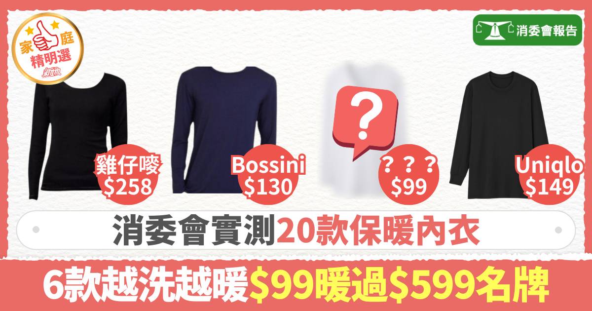 消委會保暖內衣｜實測20款保暖內衣 6款越洗越暖 $99暖過$599名牌