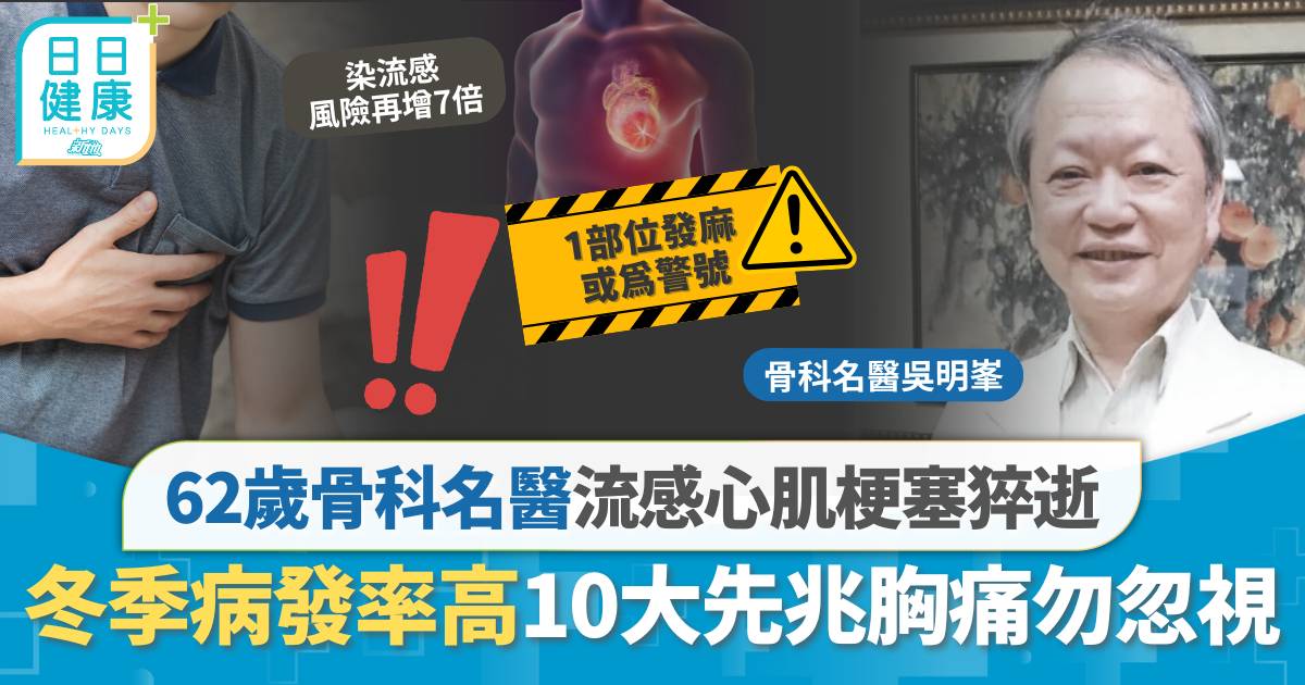 62歲骨科名醫流感心肌梗塞猝逝 冬季病發率高 注意10大先兆胸悶胸痛勿忽視