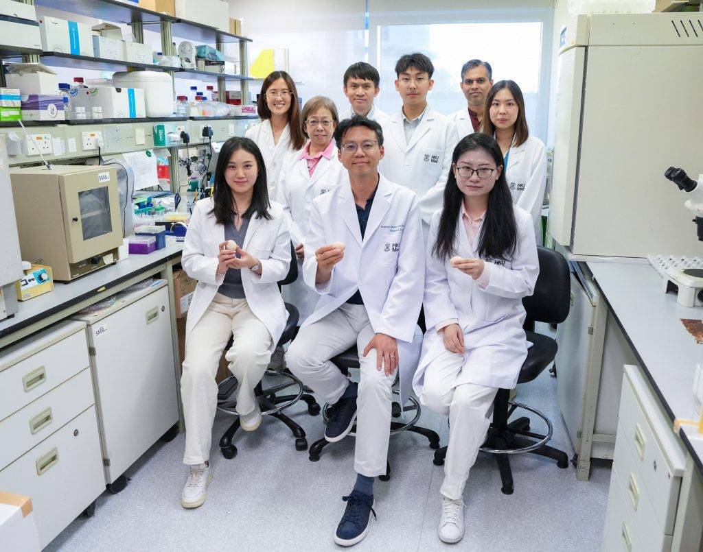 港大研究 嬰兒 張知恒教授(前排中)與研究團隊成員利用雞胚模擬人類胚胎發育的早期階段,了解細胞在形成及發展過程中的高風險因素。(圖片來源:港大醫學院)