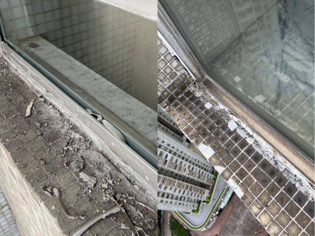 窗戶滲水 窗框外牆防水層及玻璃膠損壞剝落。(圖片來源:安居鋁窗(香港)工程提供)